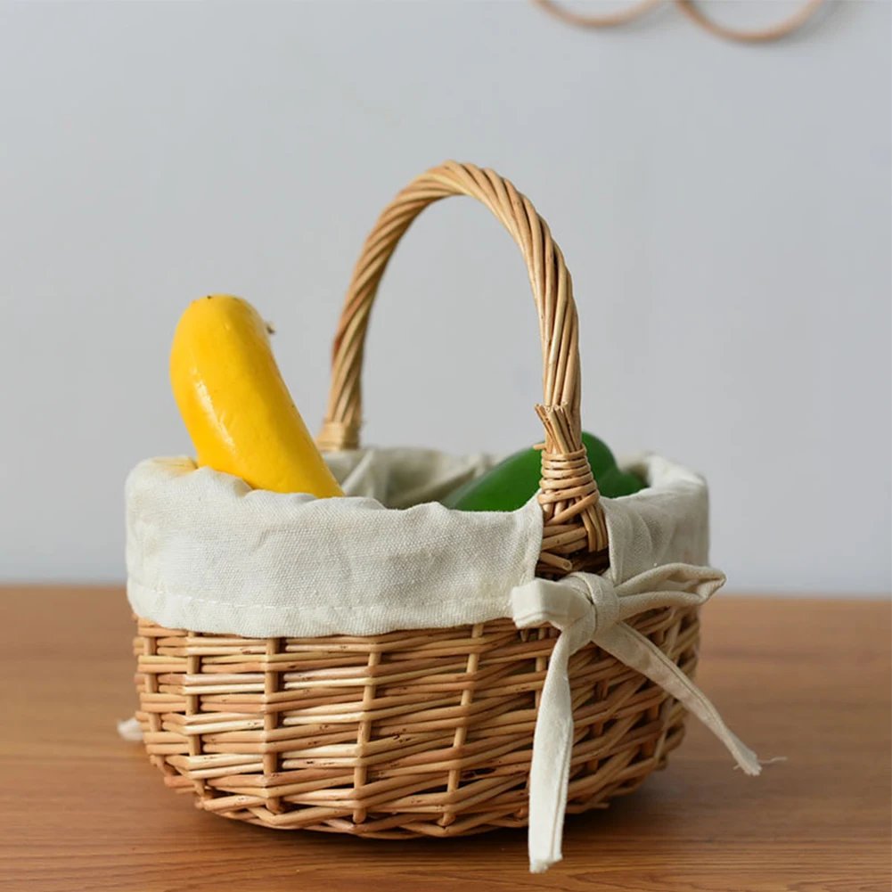 Handmade Wicker Basket with Handle Sundries Pastoral Style Picnic Storage Basket Hand Woven Rattan Flower Basket Home Decoration