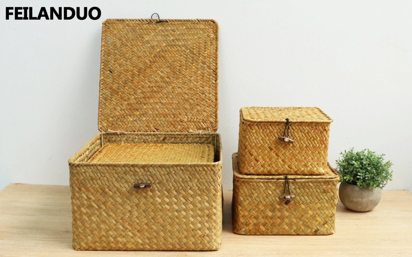 Handmade 4Pcs Set storage basket with lid rectangular seaweed rattan fabric cosmetics multi-purpose container natural box Handmade 4Pcs Set storage basket with lid rectangular seaweed rattan fabric cosmetics multi-purpose container natural box