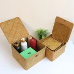 Handmade 4Pcs Set storage basket with lid rectangular seaweed rattan fabric cosmetics multi-purpose container natural box - Image 3