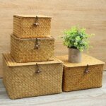 Handmade 4Pcs Set storage basket with lid rectangular seaweed rattan fabric cosmetics multi-purpose container natural box