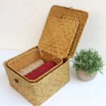 Handmade 4Pcs Set storage basket with lid rectangular seaweed rattan fabric cosmetics multi-purpose container natural box - Image 2