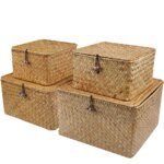 Handmade 4Pcs Set storage basket with lid rectangular seaweed rattan fabric cosmetics multi-purpose container natural box - Image 4