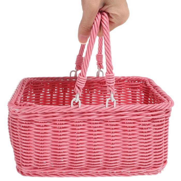 Picnic Basket Handmade Woven Baskets Pink Rectangular Fruit Vegetable Dessert Snacks Holder Practical Rustic Style - Image 3