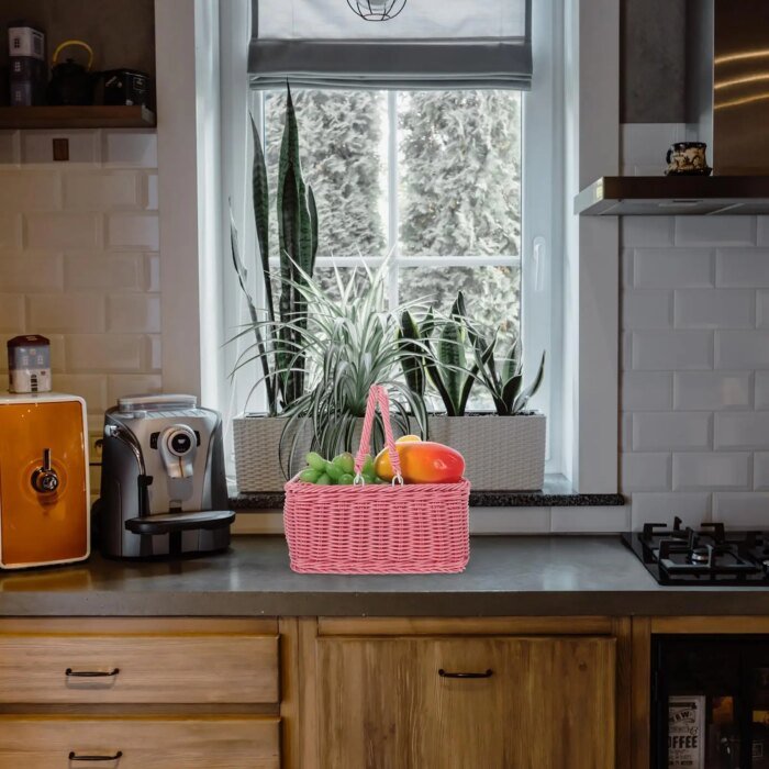 Picnic Basket Handmade Woven Baskets Pink Rectangular Fruit Vegetable Dessert Snacks Holder Practical Rustic Style - Image 5
