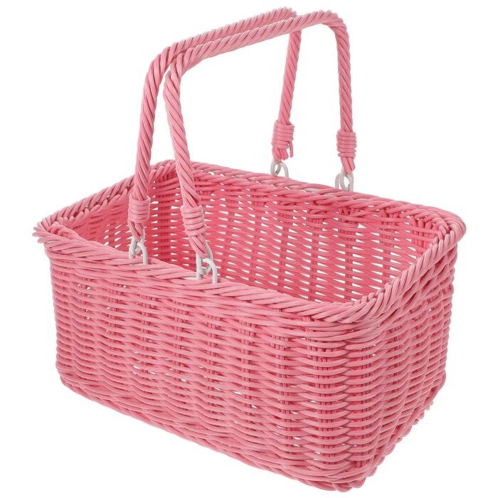 Picnic Basket Handmade Woven Baskets Pink Rectangular Fruit Vegetable Dessert Snacks Holder Practical Rustic Style - Image 1