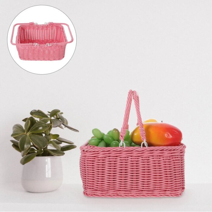 Picnic Basket Handmade Woven Baskets Pink Rectangular Fruit Vegetable Dessert Snacks Holder Practical Rustic Style - Image 2