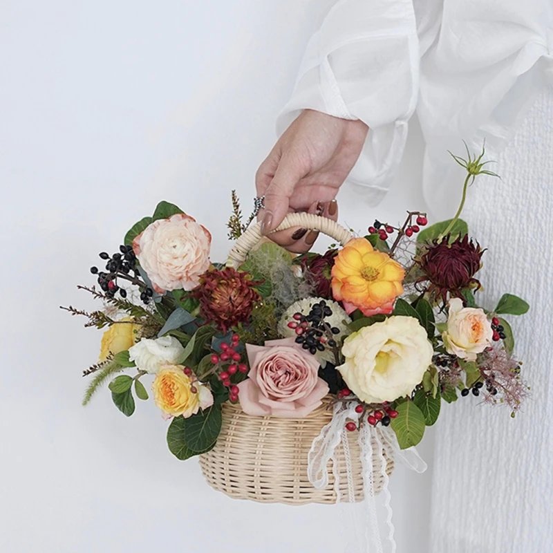 Waterproof Woven Flower Basket Storage Basket with Handle Handmade Multi-functional Perfect Gifts Rattan for Home Wedding Decor