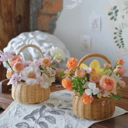Waterproof Woven Flower Basket Storage Basket with Handle Handmade Multi-functional Perfect Gifts Rattan for Home Wedding Decor