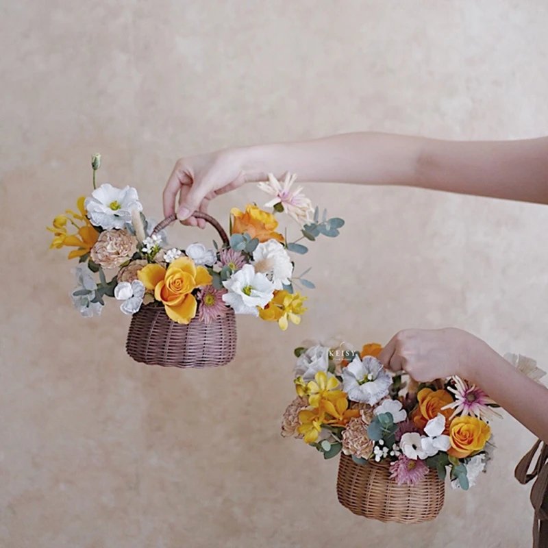 Waterproof Woven Flower Basket Storage Basket with Handle Handmade Multi-functional Perfect Gifts Rattan for Home Wedding Decor