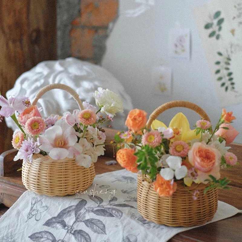 Waterproof Woven Flower Basket Storage Basket with Handle Handmade Multi-functional Perfect Gifts Rattan for Home Wedding Decor