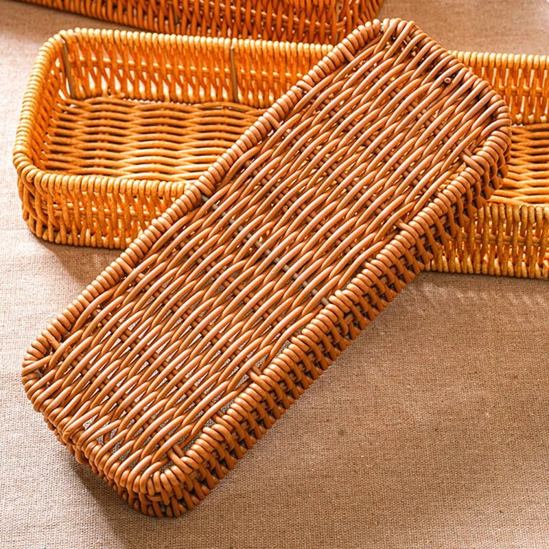 1PC Imitation Rattan Bread Basket Knife Fork Storage Box Fruit Vegetable Display Tray for Breakfast Food Woven Serving Basket