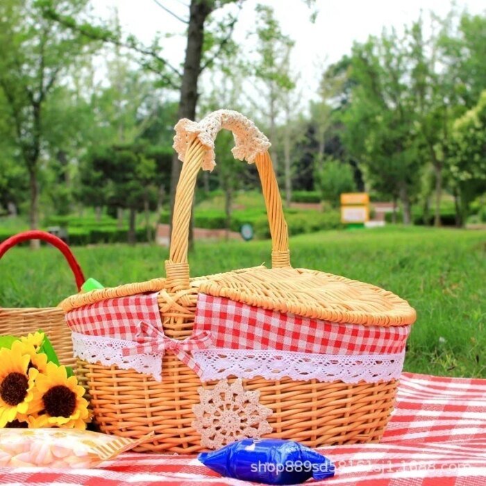 Simple Cute Wicker Carry-on Handle Storage Baskets Picnic Basket with Lid Fruit Food Basket Home Organization Accessories 2024 - Image 1
