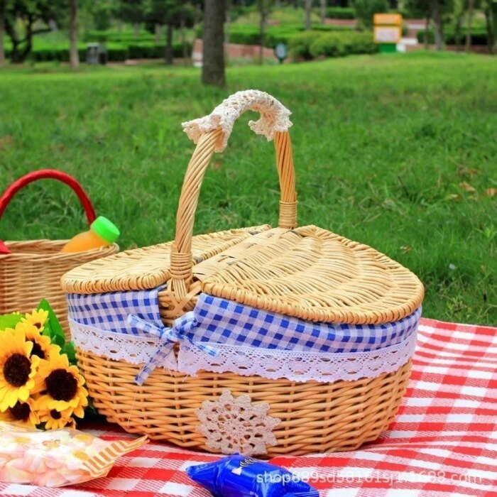 Simple Cute Wicker Carry-on Handle Storage Baskets Picnic Basket with Lid Fruit Food Basket Home Organization Accessories 2024 - Image 3