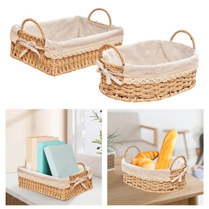 Woven Storage Baskets Kitchen Organizer Handwoven with Handles Cosmetic Box for Breakfast Fruit Bedroom Bathroom Home Decorative - Image 4