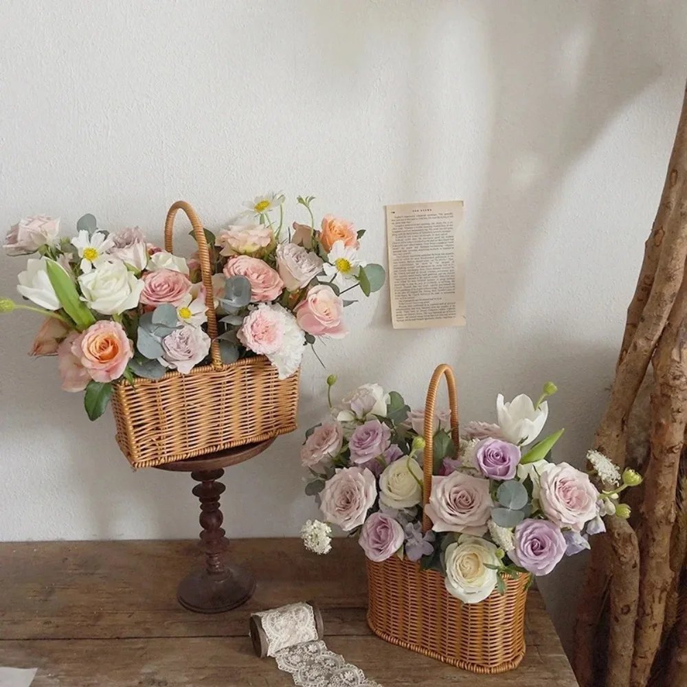 Willow Rattan Bride Flower Basket Picnic Container Hand-Woven Picnic Weaving Basket with Handle Sundries Organizer Willow Rattan Bride Flower Basket Picnic Container Hand-Woven Picnic Weaving Basket with Handle Sundries Organizer