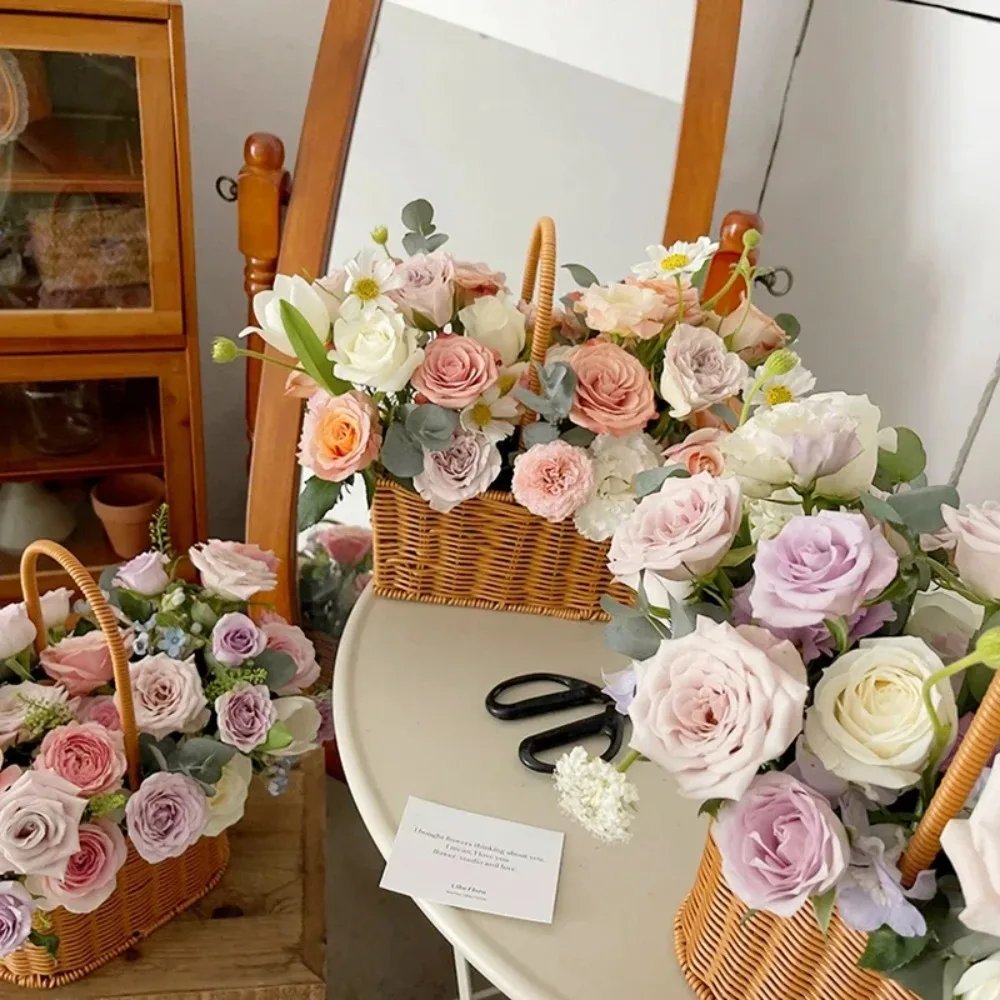 Willow Rattan Bride Flower Basket Picnic Container Hand-Woven Picnic Weaving Basket with Handle Sundries Organizer Willow Rattan Bride Flower Basket Picnic Container Hand-Woven Picnic Weaving Basket with Handle Sundries Organizer