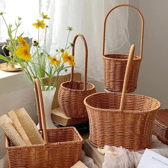 Willow Rattan Bride Flower Basket Picnic Container Hand-Woven Picnic Weaving Basket with Handle Sundries Organizer - Image 2