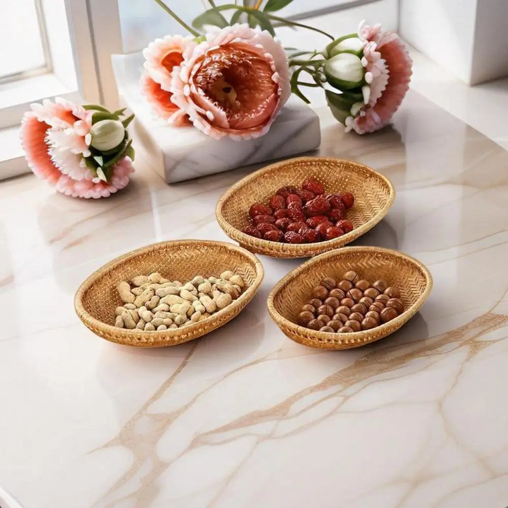 Oval Rattan Woven Storage Basket Bread Fruit Food Storage Tray Handmade Vegetable Display Rattan Basket Kitchen Storage