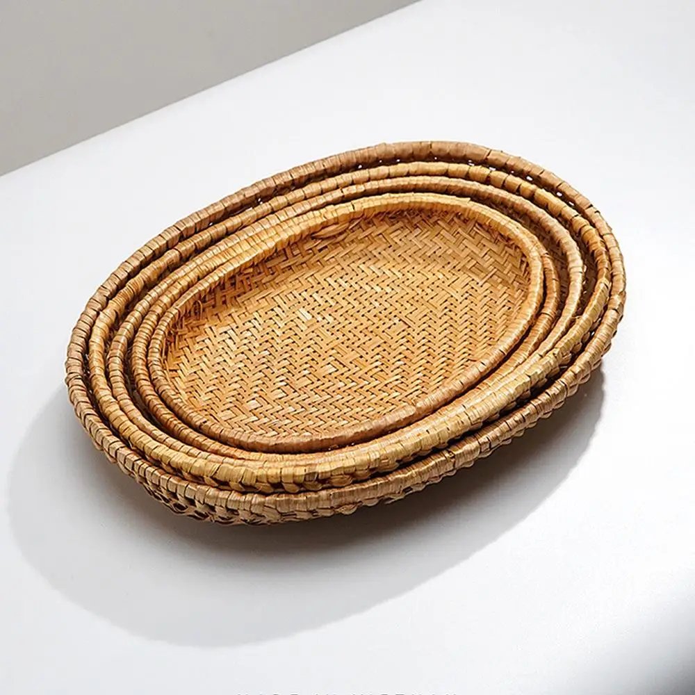 Oval Rattan Woven Storage Basket Bread Fruit Food Storage Tray Handmade Vegetable Display Rattan Basket Kitchen Storage