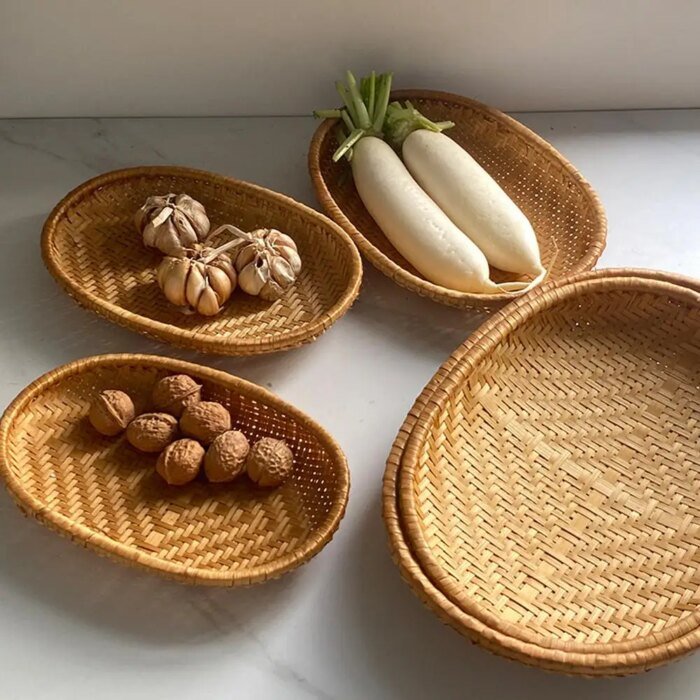 Oval Rattan Woven Storage Basket Bread Fruit Food Storage Tray Handmade Vegetable Display Rattan Basket Kitchen Storage - Image 5