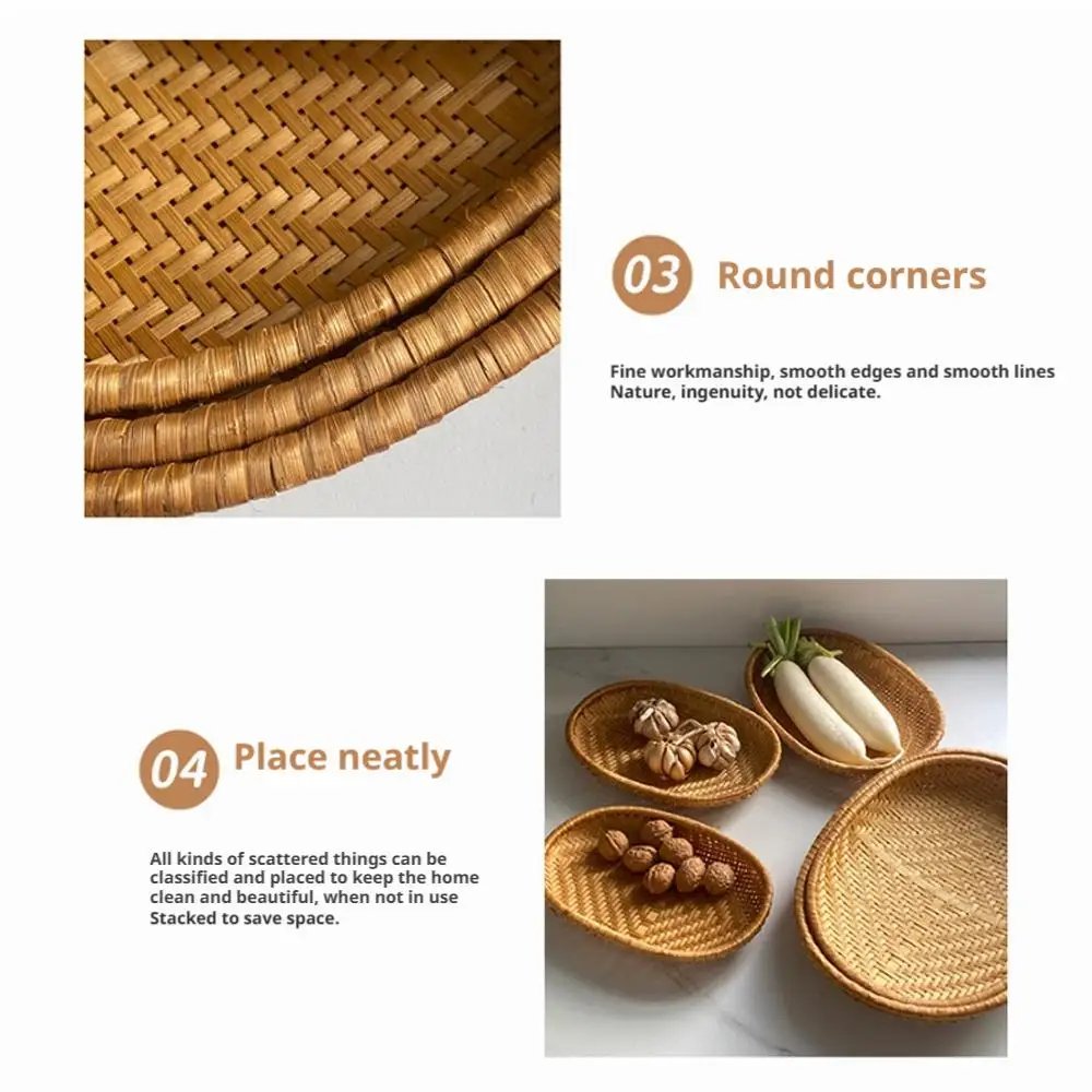 Oval Rattan Woven Storage Basket Bread Fruit Food Storage Tray Handmade Vegetable Display Rattan Basket Kitchen Storage
