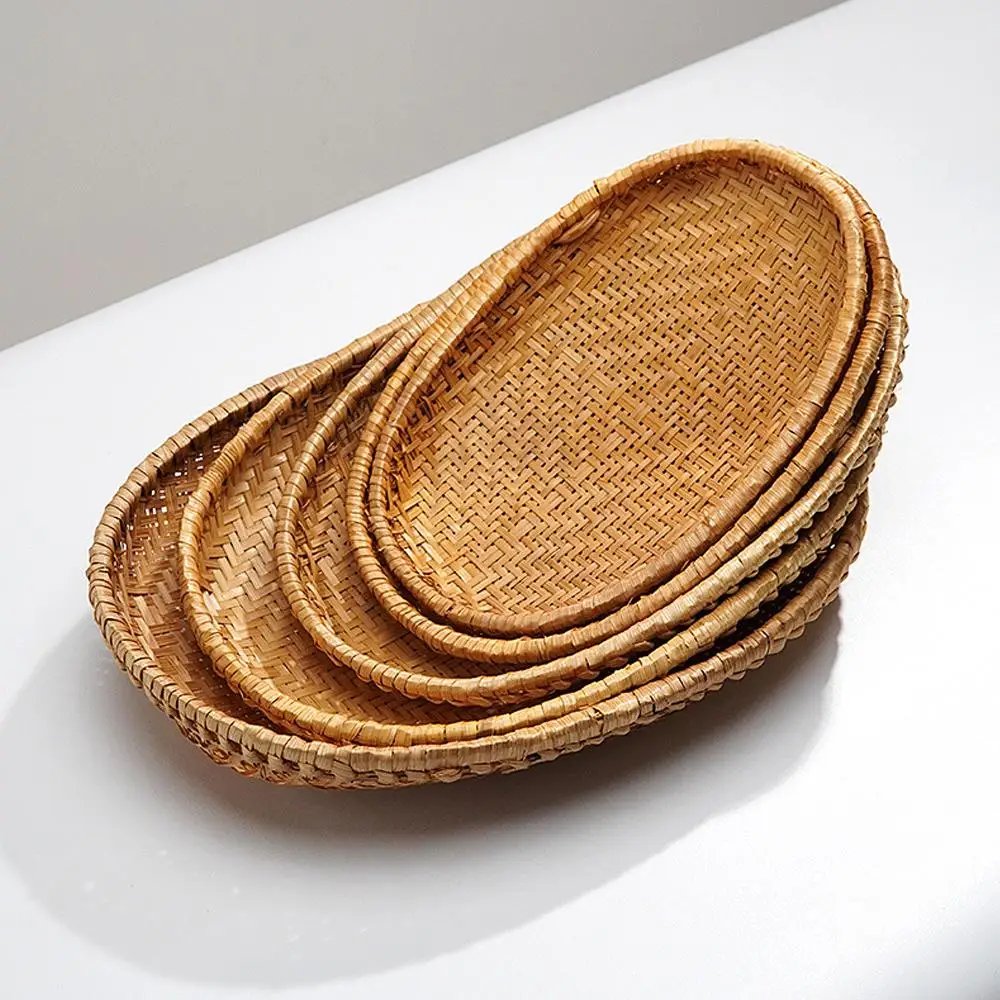 Oval Rattan Woven Storage Basket Bread Fruit Food Storage Tray Handmade Vegetable Display Rattan Basket Kitchen Storage