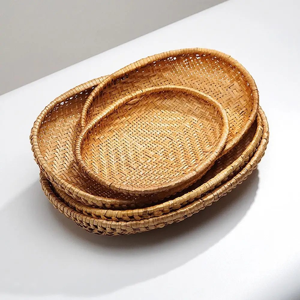 Oval Rattan Woven Storage Basket Bread Fruit Food Storage Tray Handmade Vegetable Display Rattan Basket Kitchen Storage