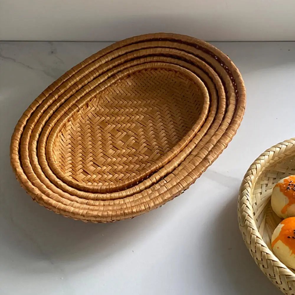 Oval Rattan Woven Storage Basket Bread Fruit Food Storage Tray Handmade Vegetable Display Rattan Basket Kitchen Storage