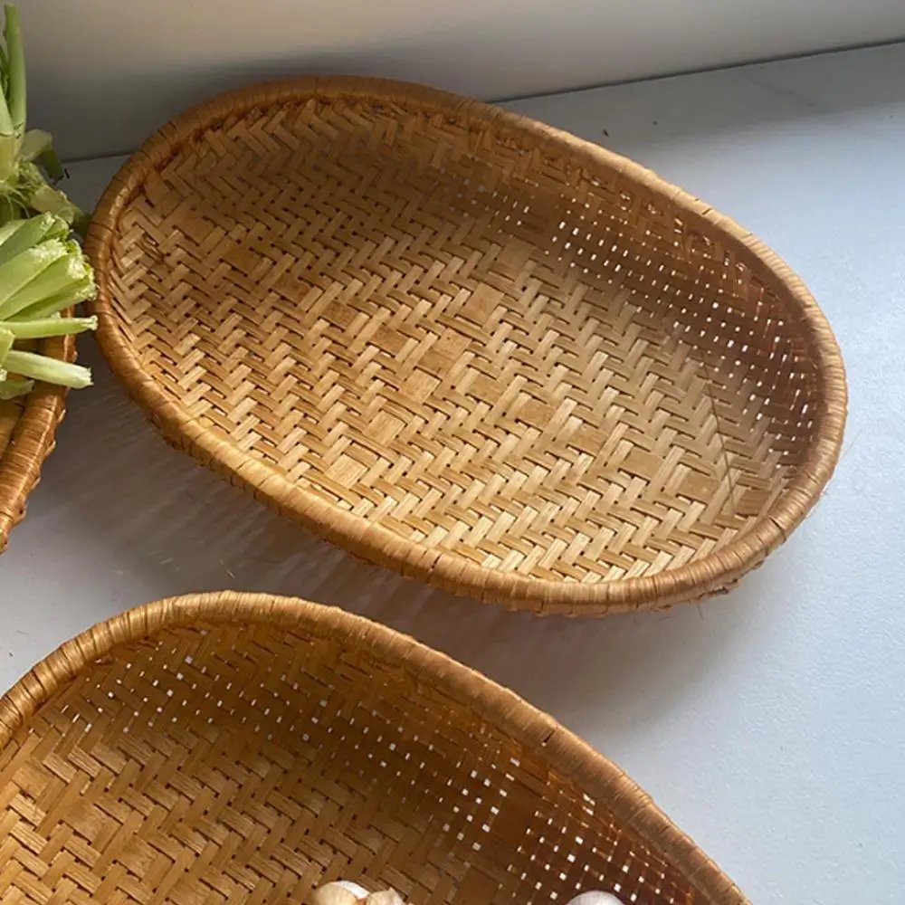 Oval Rattan Woven Storage Basket Bread Fruit Food Storage Tray Handmade Vegetable Display Rattan Basket Kitchen Storage