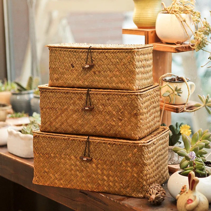 Handmade Seagrass Woven Storage Box Seaweed Storage Finishing Basket with Lid Sundry Bath Cosmetic Towel Container mx01161829