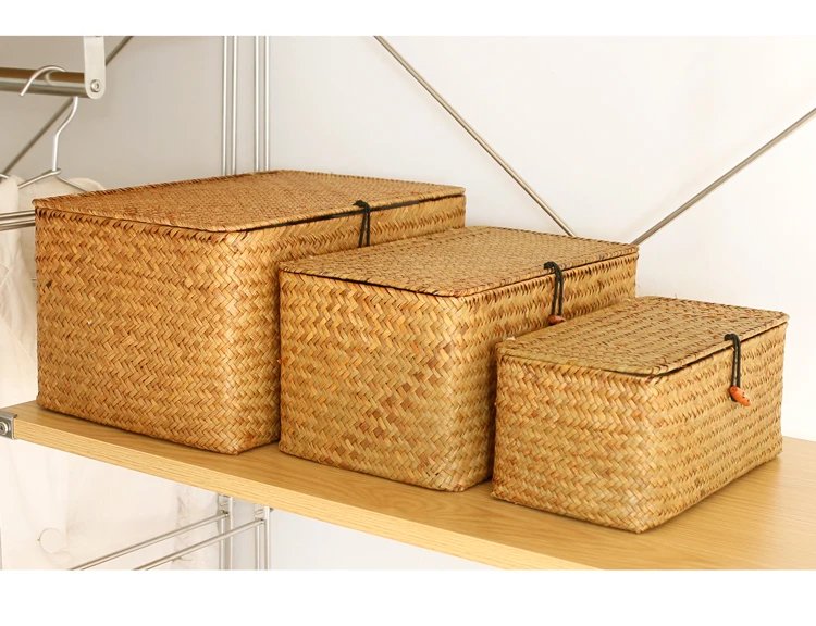 Handmade Seagrass Woven Storage Box Seaweed Storage Finishing Basket with Lid Sundry Bath Cosmetic Towel Container mx01161829