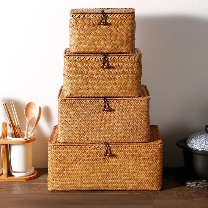 Handmade Seagrass Woven Storage Box Seaweed Storage Finishing Basket with Lid Sundry Bath Cosmetic Towel Container mx01161829 - Image 5