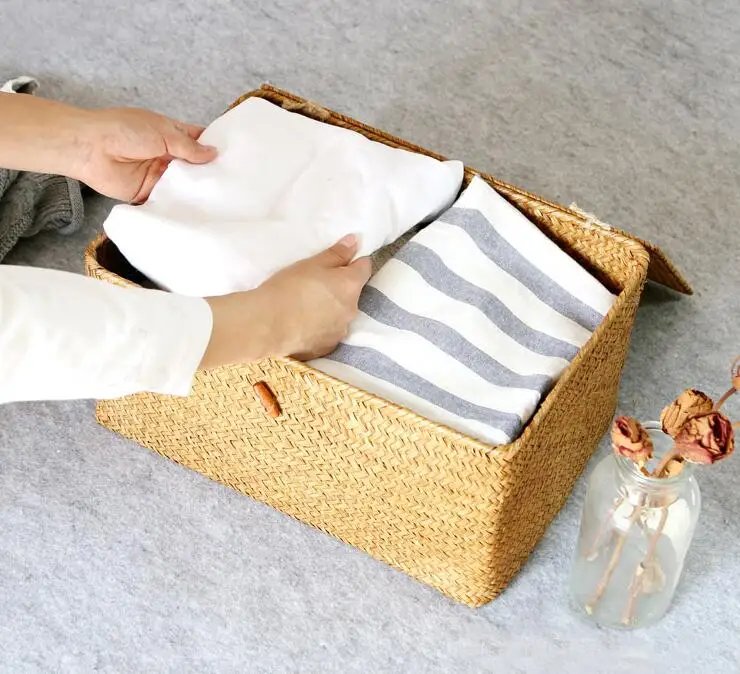Handmade Seagrass Woven Storage Box Seaweed Storage Finishing Basket with Lid Sundry Bath Cosmetic Towel Container mx01161829