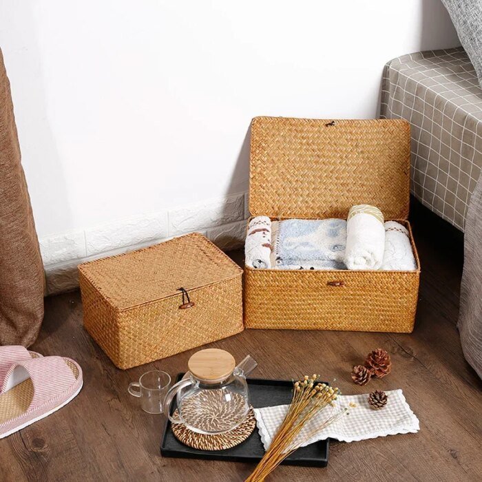 Handmade Seagrass Woven Storage Box Seaweed Storage Finishing Basket with Lid Sundry Bath Cosmetic Towel Container mx01161829 - Image 2
