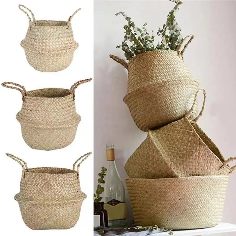 New 1pc Foldable Handmade Rattan Woven Flower Basket Seagrass Clothing Storage Basket Home Decoration Flower Basket