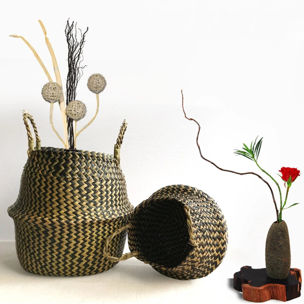 New 1pc Foldable Handmade Rattan Woven Flower Basket Seagrass Clothing Storage Basket Home Decoration Flower Basket