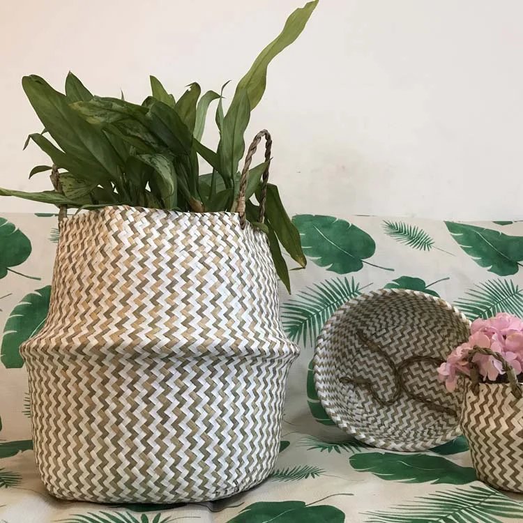 New 1pc Foldable Handmade Rattan Woven Flower Basket Seagrass Clothing Storage Basket Home Decoration Flower Basket