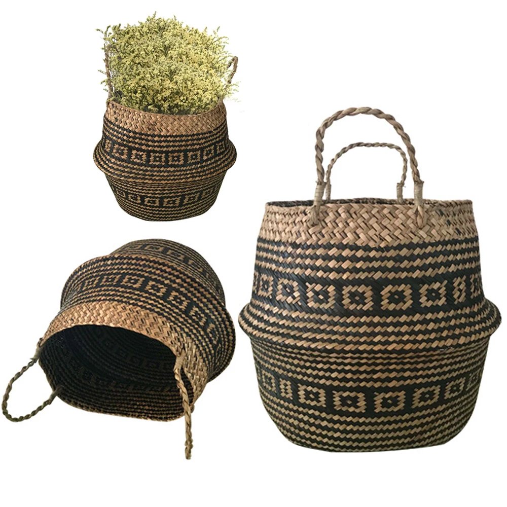 New 1pc Foldable Handmade Rattan Woven Flower Basket Seagrass Clothing Storage Basket Home Decoration Flower Basket