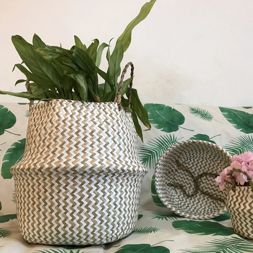 New 1pc Foldable Handmade Rattan Woven Flower Basket Seagrass Clothing Storage Basket Home Decoration Flower Basket