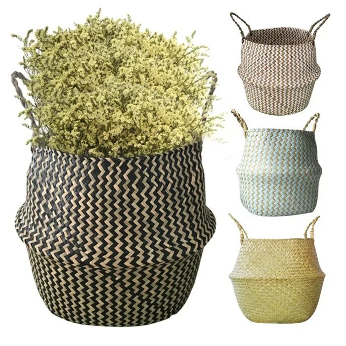 New 1pc Foldable Handmade Rattan Woven Flower Basket Seagrass Clothing Storage Basket Home Decoration Flower Basket - Image 4