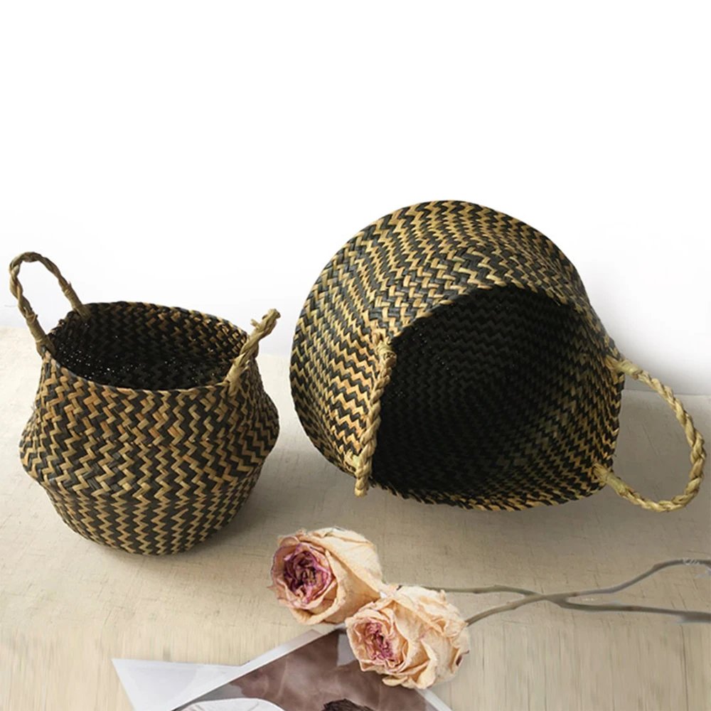 New 1pc Foldable Handmade Rattan Woven Flower Basket Seagrass Clothing Storage Basket Home Decoration Flower Basket