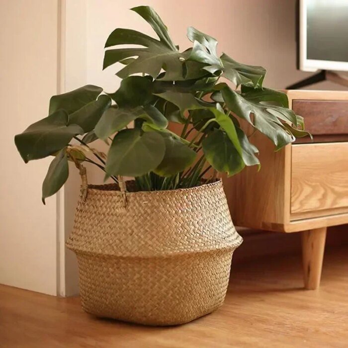 New 1pc Foldable Handmade Rattan Woven Flower Basket Seagrass Clothing Storage Basket Home Decoration Flower Basket - Image 2