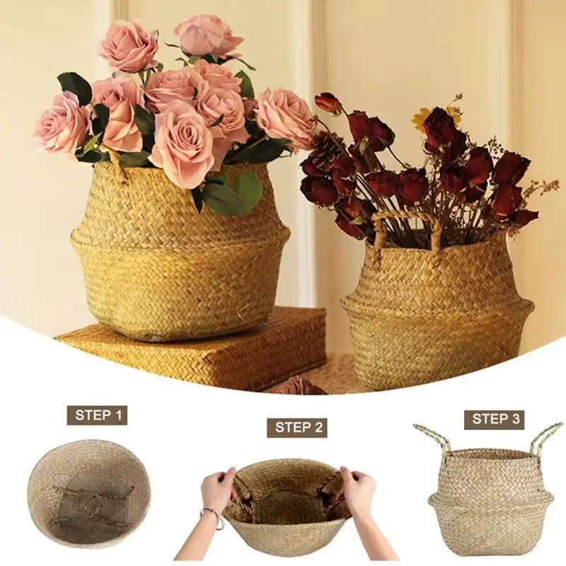 New 1pc Foldable Handmade Rattan Woven Flower Basket Seagrass Clothing Storage Basket Home Decoration Flower Basket