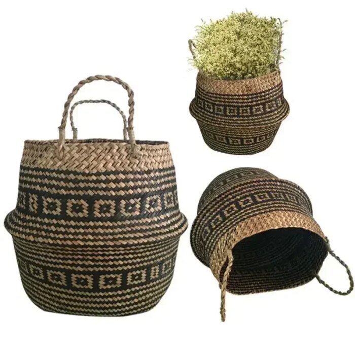 New 1pc Foldable Handmade Rattan Woven Flower Basket Seagrass Clothing Storage Basket Home Decoration Flower Basket - Image 1