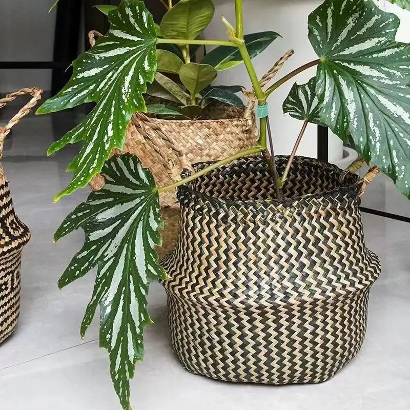 New 1pc Foldable Handmade Rattan Woven Flower Basket Seagrass Clothing Storage Basket Home Decoration Flower Basket