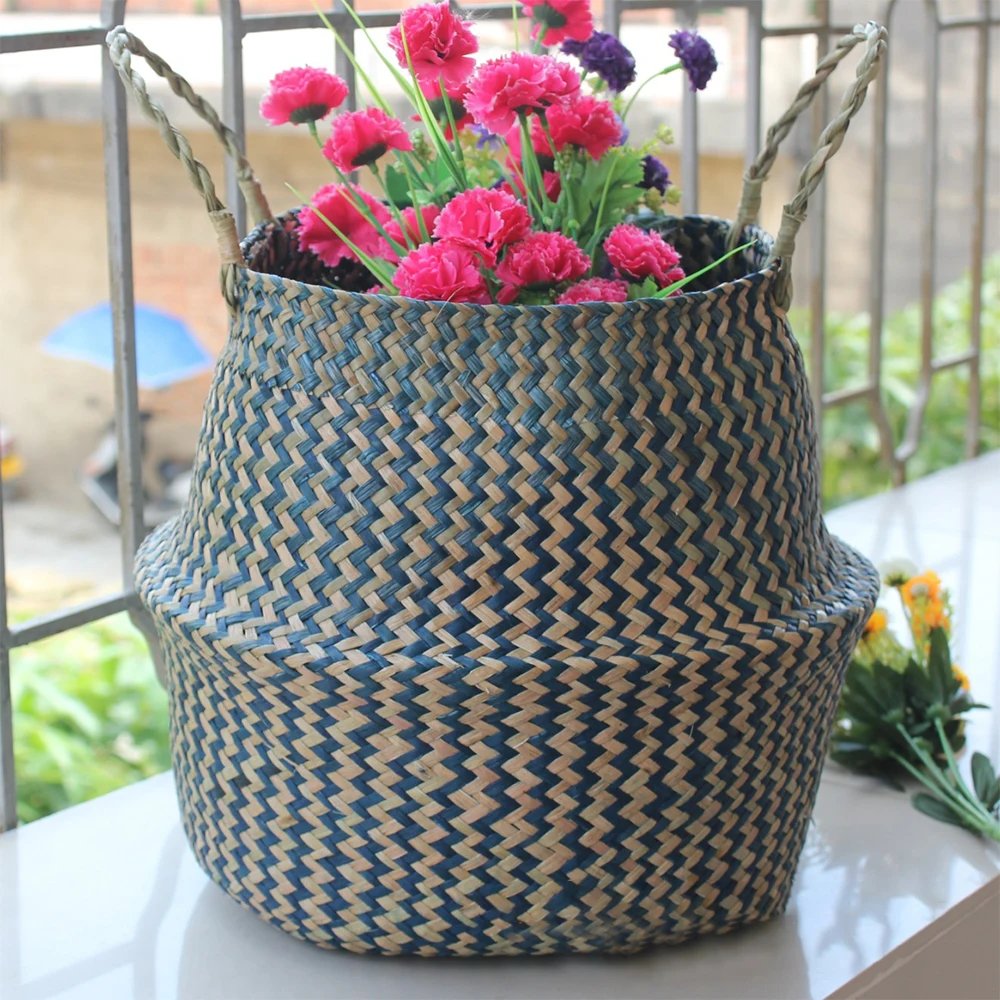 New 1pc Foldable Handmade Rattan Woven Flower Basket Seagrass Clothing Storage Basket Home Decoration Flower Basket