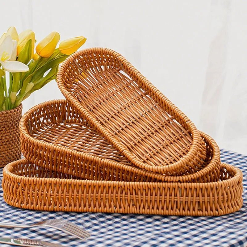 1pc Imitation Rattan Bread Basket Knife Fork Storage Box Fruit Vegetable Display Tray for Breakfast Food Dried Tray Woven Basket