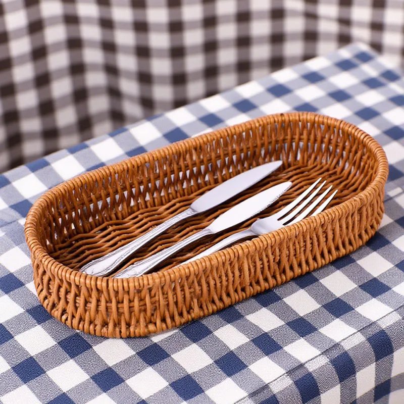 1pc Imitation Rattan Bread Basket Knife Fork Storage Box Fruit Vegetable Display Tray for Breakfast Food Dried Tray Woven Basket