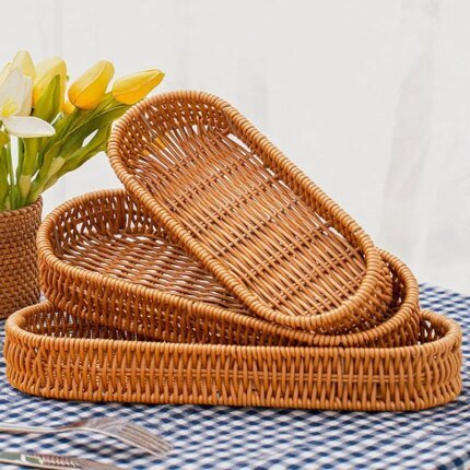 1pc Imitation Rattan Bread Basket Knife Fork Storage Box Fruit Vegetable Display Tray for Breakfast Food Dried Tray Woven Basket