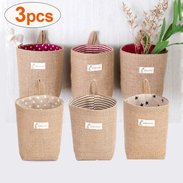 3pcs Jute Linen Basket Storage Organizer Jute Basket For Hanging Plant Basket Toy Storage Basket Hanging Pocket home decoration - Image 1
